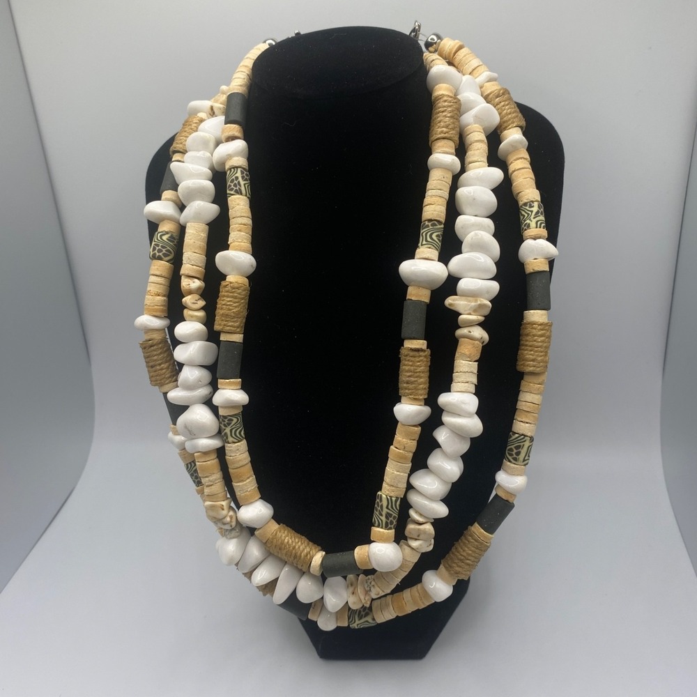 Signed JS Multi Strand Beaded Necklace White Stone Chip‎ Wood Heishi Boho Earthy